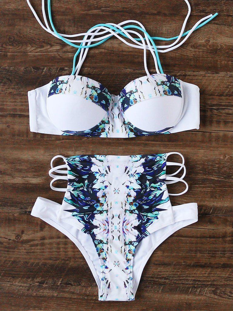 White Flower Print Ladder Cutout High Waist Bikini Set--Des Mess
