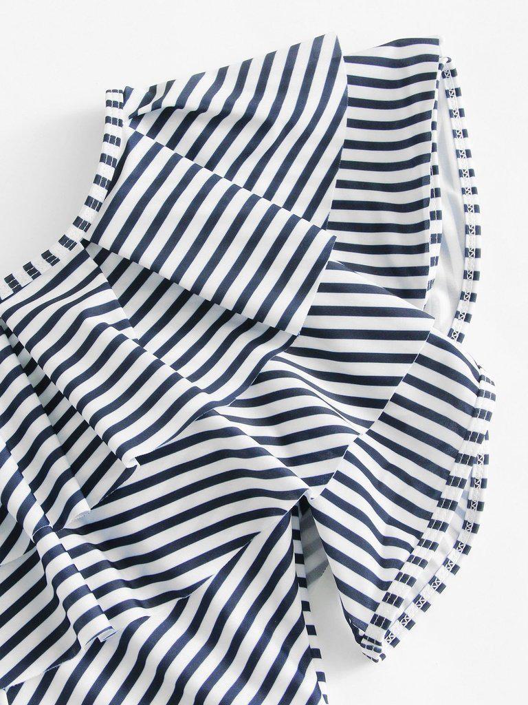 One Shoulder Ruffle Striped Swimsuit-swimwear-Des Mess