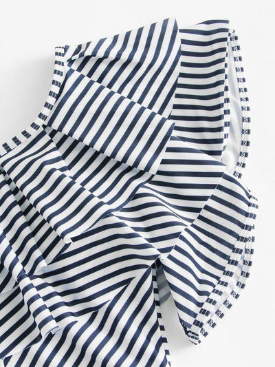 One Shoulder Ruffle Striped Swimsuit-swimwear-Des Mess