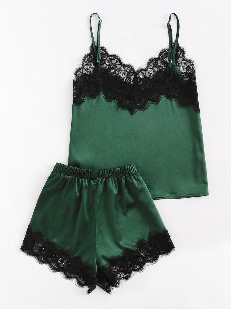 Lace Trim Satin Cami And Shorts Pajama Set-loungewear-Des Mess