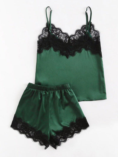 Lace Trim Satin Cami And Shorts Pajama Set-loungewear-Des Mess