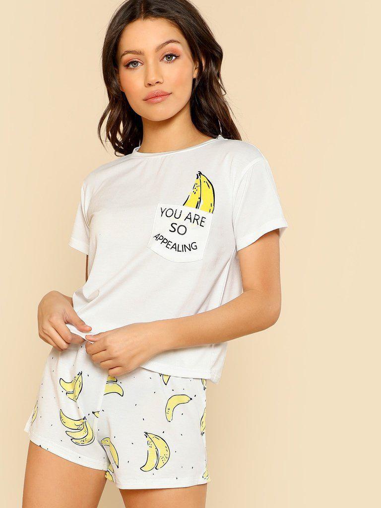 Banana Print Pocket Front Top With Shorts Pajama Set-loungewear-Des Mess