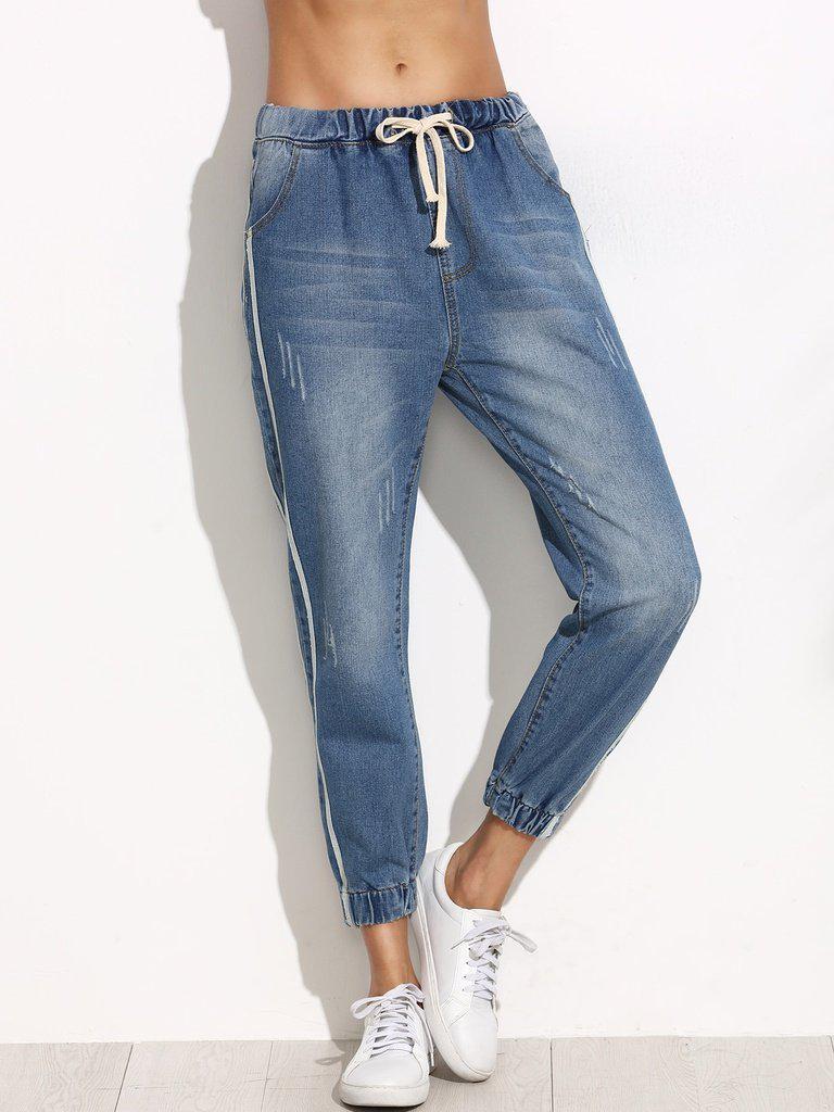 Side Stripe Elastic Cuff Jeans-bottom-Des Mess