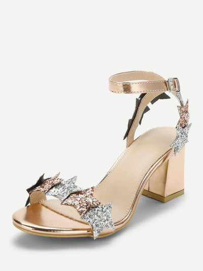 Glitter Star Detail Chunky Heeled Sandals-shoes-Des Mess
