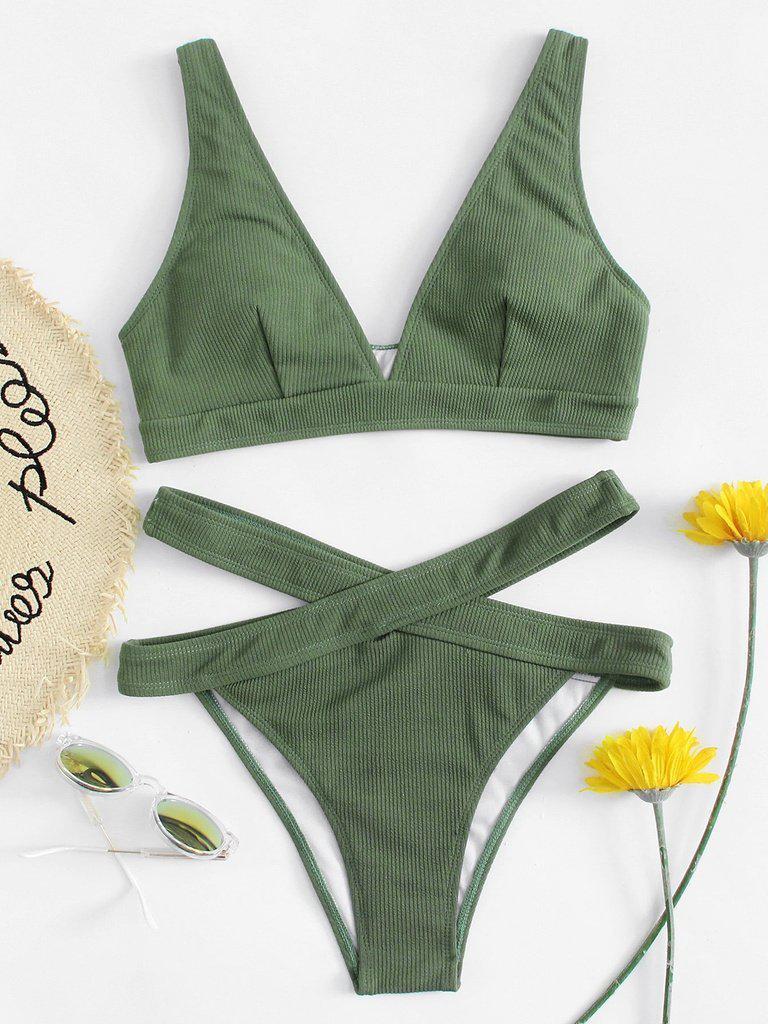 Crisscross Waist Ribbed Bikini Set-swimwear-Des Mess