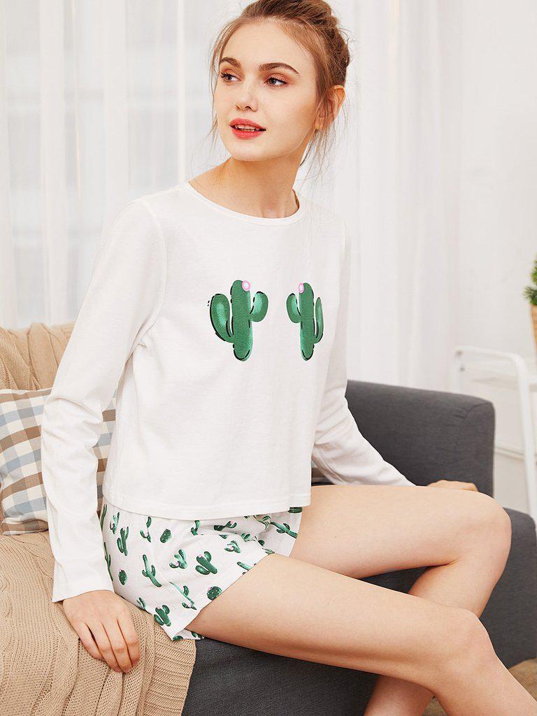 Cactus Print Tee And Shorts Pajama Set-loungewear-Des Mess