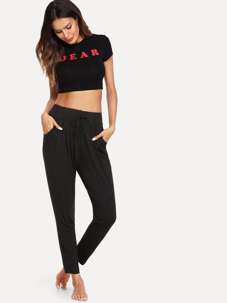Solid Drawstring Waist Pants-loungewear-Des Mess