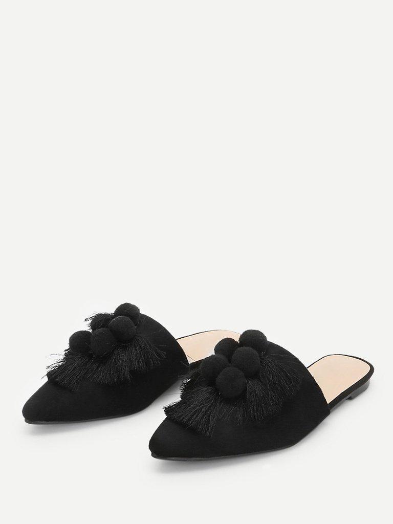 Pom Pom & Tassel Front Flat Mules-shoes-Des Mess