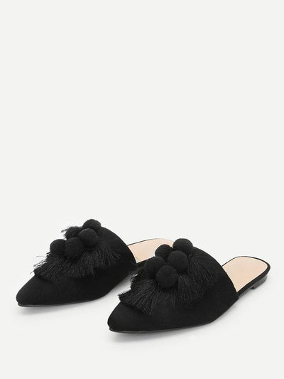 Pom Pom & Tassel Front Flat Mules-shoes-Des Mess