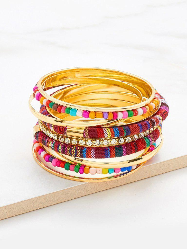 Rhinestone & Beaded Decorated Bangle Bracelet Set-jewelry-Des Mess