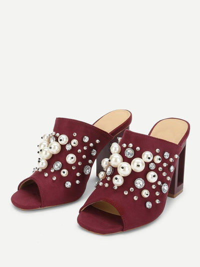 Faux Pearl Decorated Chunky Heeled Mules-shoes-Des Mess