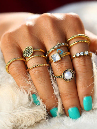 Faux Pearl & Gemstone Detail Ring Set-jewelry-Des Mess