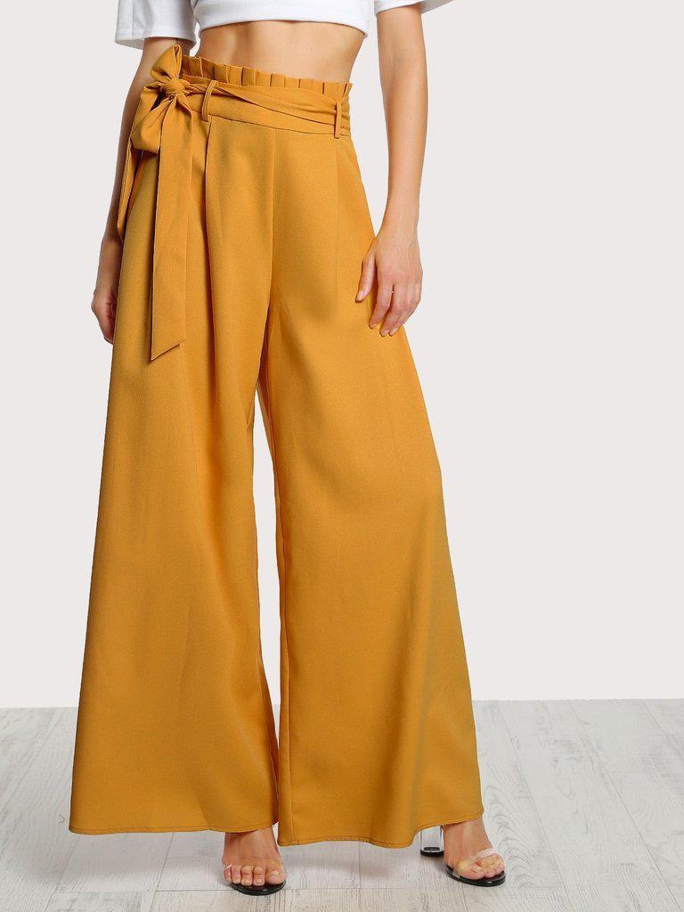 Frill Waist Belted Palazzo Pants-bottom-Des Mess