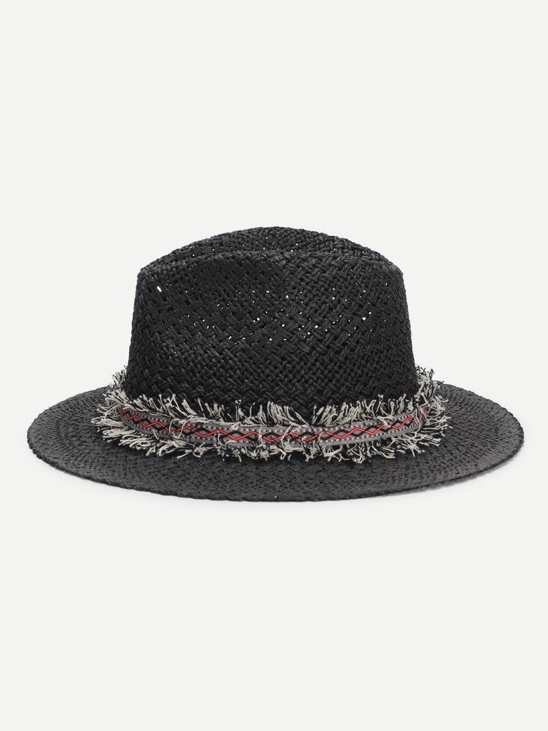 Frayed Band Straw Fedora Hat-accessories-Des Mess