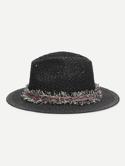 Frayed Band Straw Fedora Hat-accessories-Des Mess