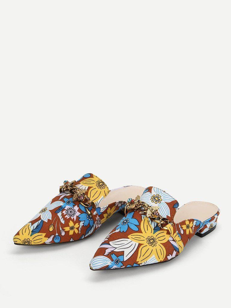 Bee Detail Calico Print Pointed Toe Flats-shoes-Des Mess