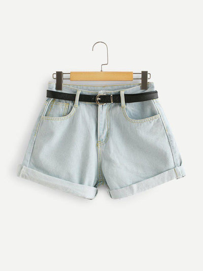 Cuffed Denim Shorts With Belt-bottom-Des Mess