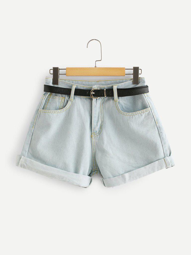 Cuffed Denim Shorts With Belt-bottom-Des Mess