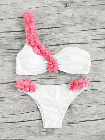 Contrast Flower Embellished One Shoulder Bikini Set-swimwear-Des Mess