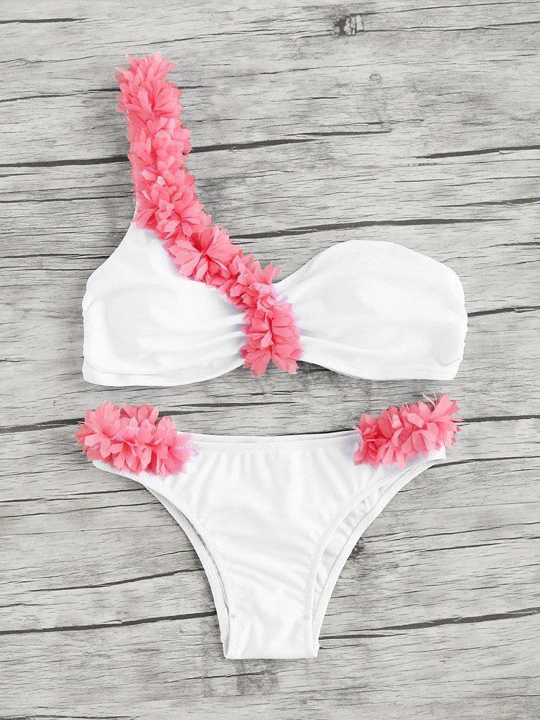 Contrast Flower Embellished One Shoulder Bikini Set-swimwear-Des Mess