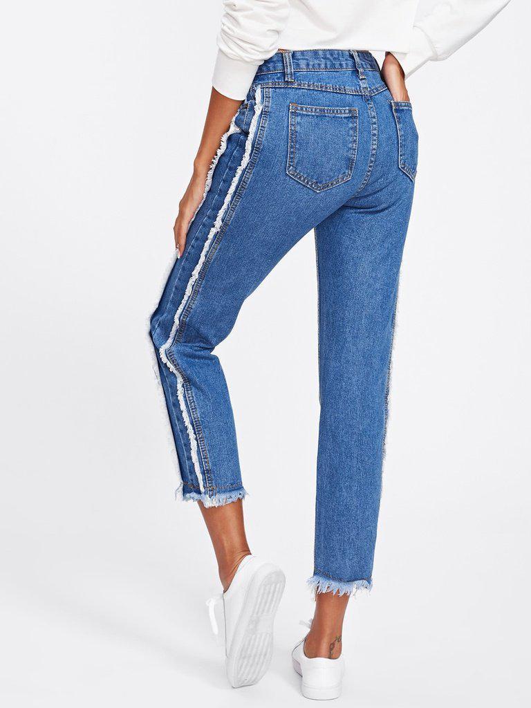 Frayed Trim Tapered Jeans-bottom-Des Mess