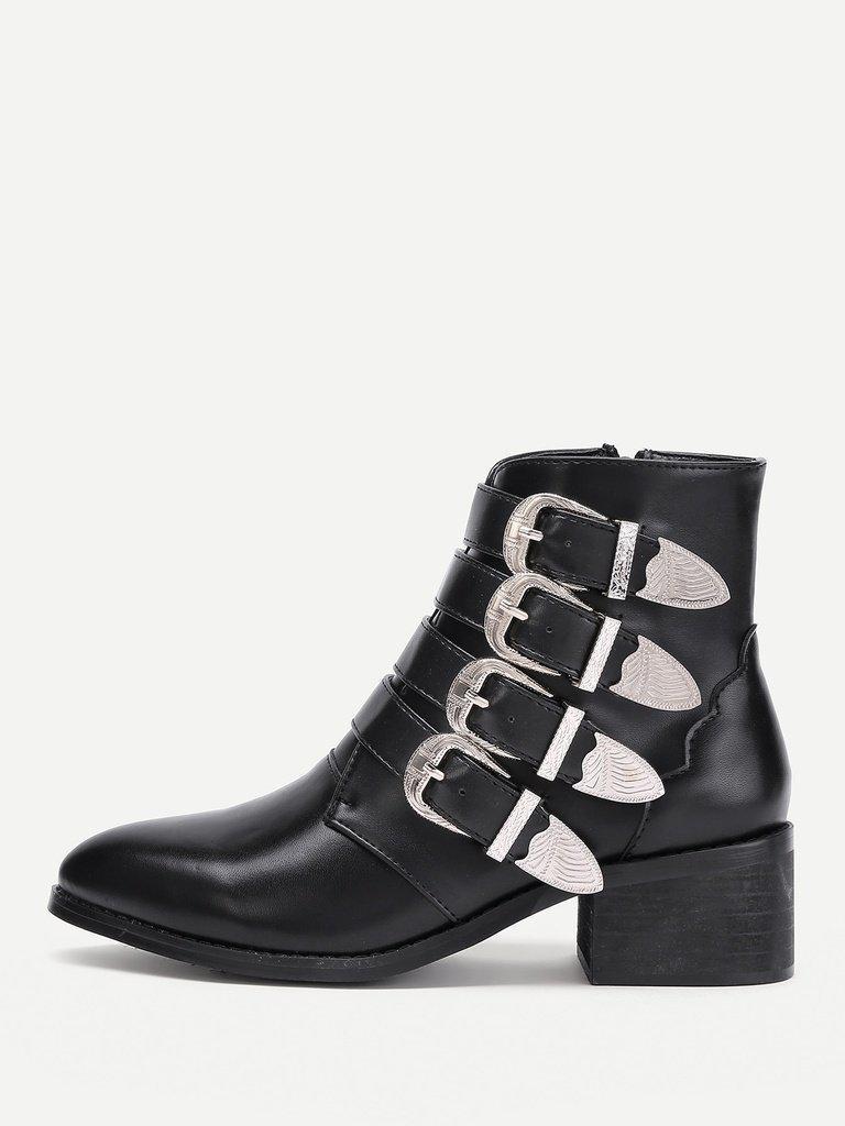 Buckle Decorated Side Zipper Ankle Boots-shoes-Des Mess