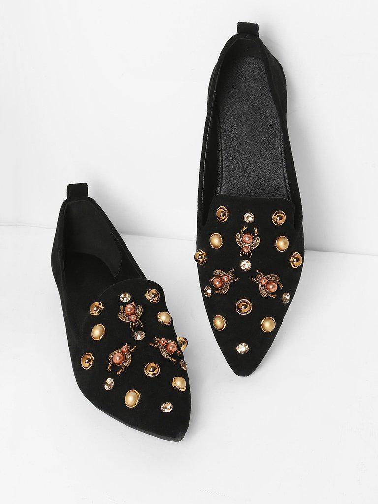 Faux Pearl Decorated Pointed Toe Flats-shoes-Des Mess
