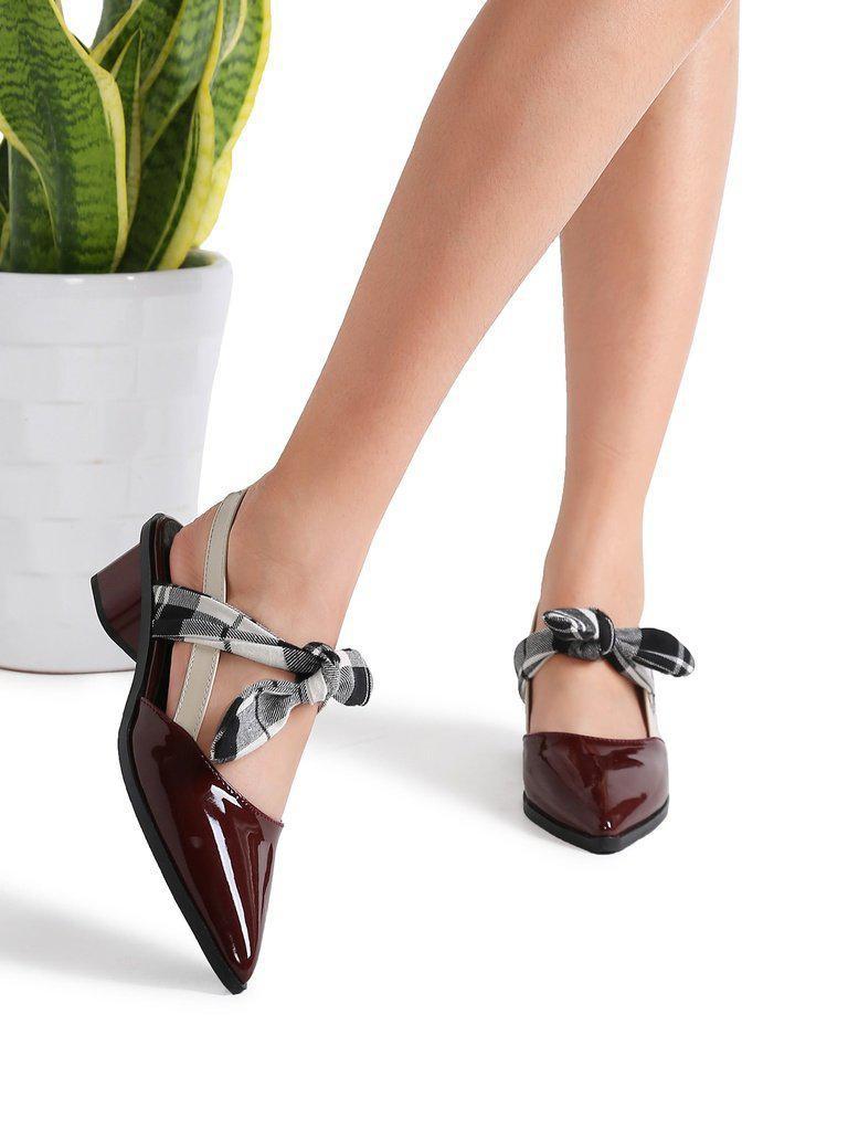 Burgundy Plaid Tie Patent Leather Chunky Heel Pumps-shoes-Des Mess