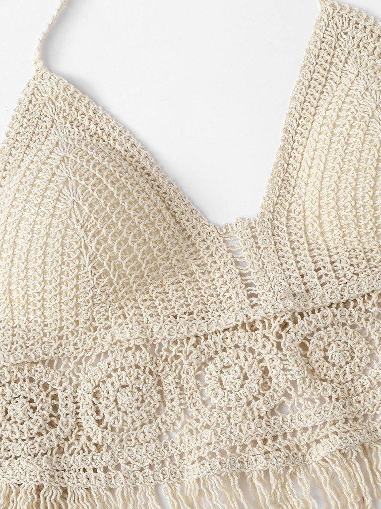 Hollow Out Fringe Hem Crocheted Halter Top--Des Mess