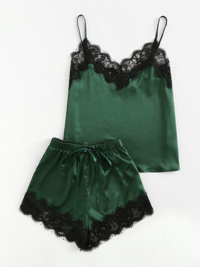 Lace Trim Satin Cami And Shorts Pajama Set-loungewear-Des Mess