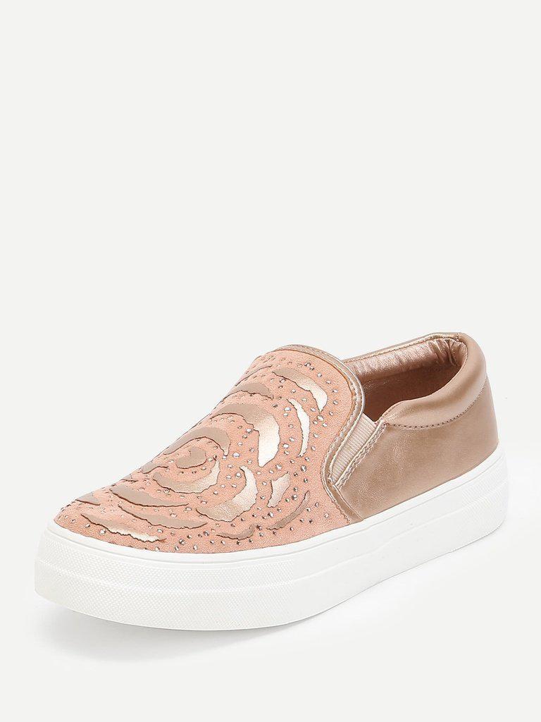 Rhinestone Detail Flatform PU Sneakers-shoes-Des Mess