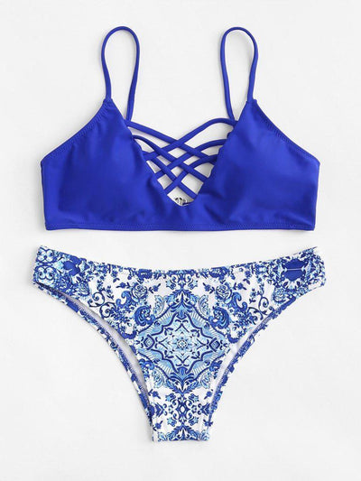 Criss Cross Front Porcelain Print Bikini Set-swimwear-Des Mess