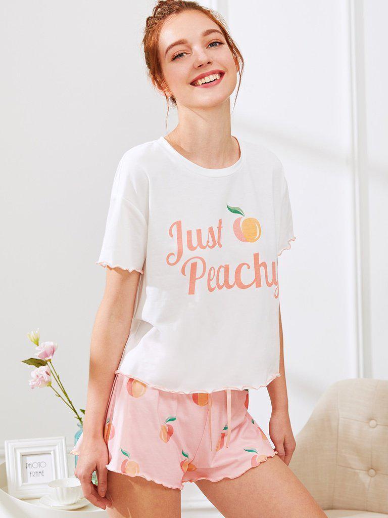 Fruit Print Lettuce Edge Tee And Shorts PJ Set-loungewear-Des Mess