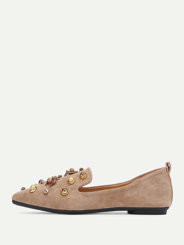 Faux Pearl Decorated Pointed Toe Flats-shoes-Des Mess