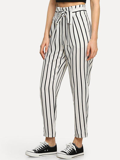 Self Tie Waist Striped Tapered Pants-bottom-Des Mess