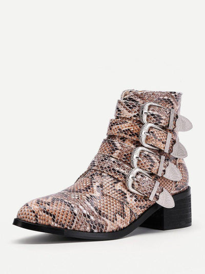 Buckle Decorated Snakeskin Print PU Ankle Boots-shoes-Des Mess