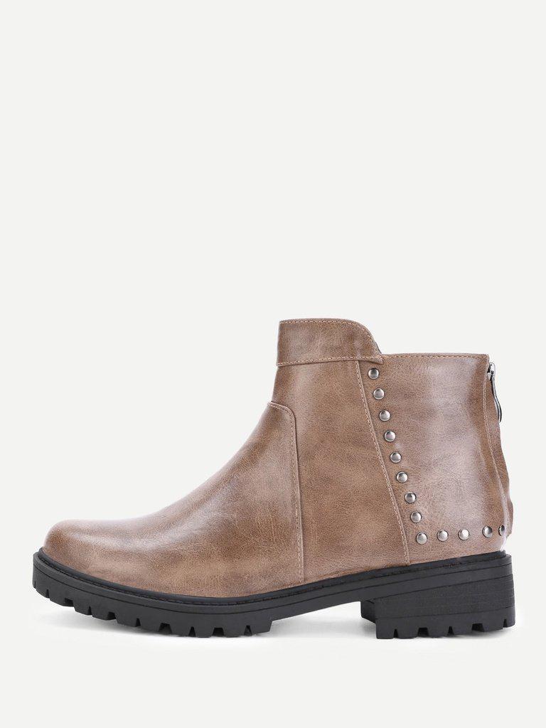 Studded Detail Back Zipper Ankle Boots-shoes-Des Mess