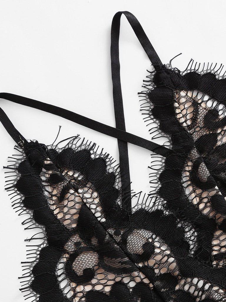 Eyelash Lace Overlay Criss Cross Tie Back Bra-lingerie-Des Mess