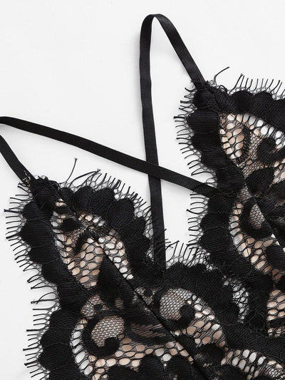 Eyelash Lace Overlay Criss Cross Tie Back Bra-lingerie-Des Mess