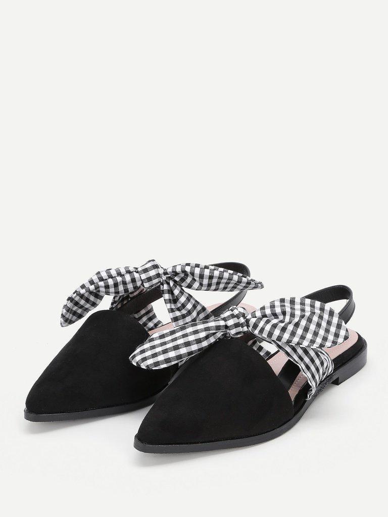 Gingham Bow Tie Decorated Pointed Toe Flats-shoes-Des Mess