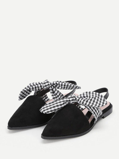 Gingham Bow Tie Decorated Pointed Toe Flats-shoes-Des Mess