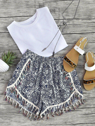 Damask Print Tassel Trim Wrap Shorts-bottom-Des Mess