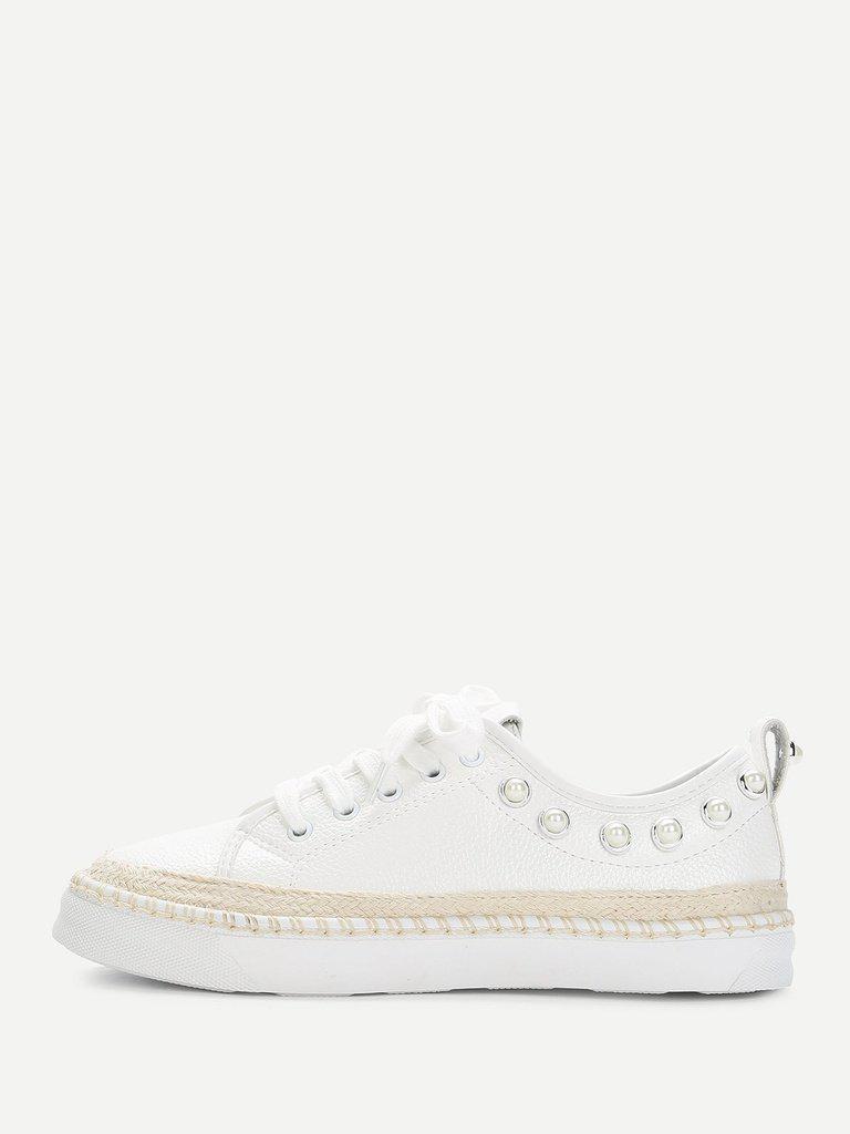 Faux Pearl Detail Lace Up Sneakers-shoes-Des Mess