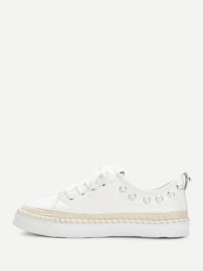 Faux Pearl Detail Lace Up Sneakers-shoes-Des Mess