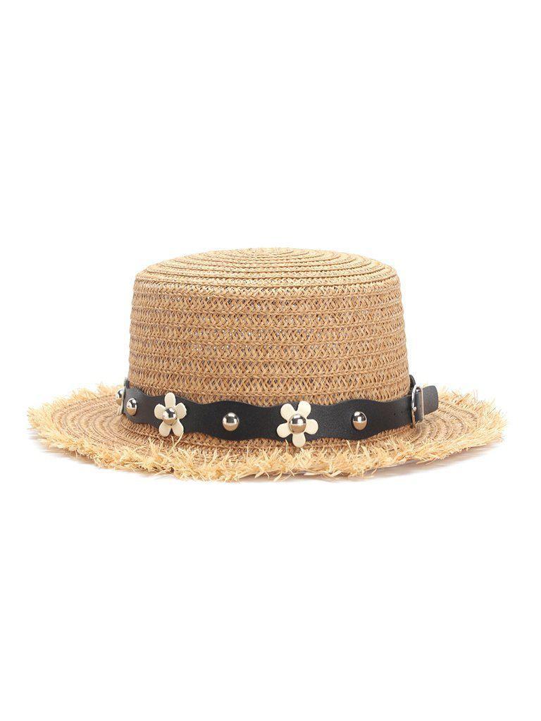 Flower Decorated PU Band Straw Hat-accessories-Des Mess