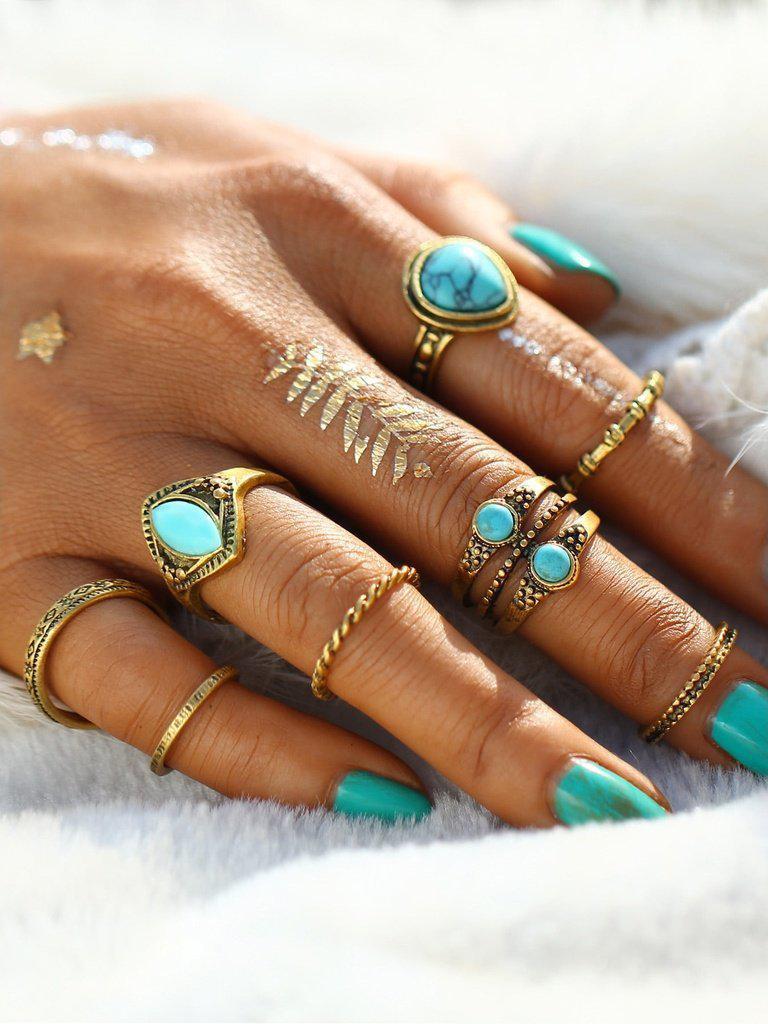 Turquoise Design Ring Set 8pcs-jewelry-Des Mess