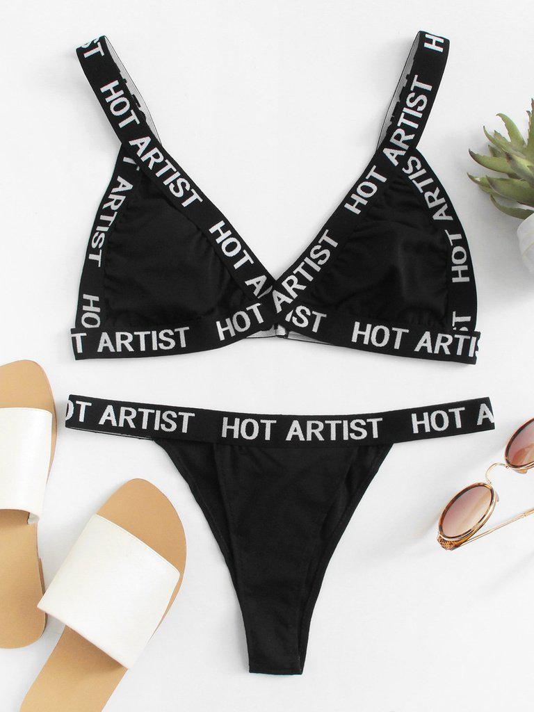 Letter Print Trim Lingerie Set-lingerie-Des Mess