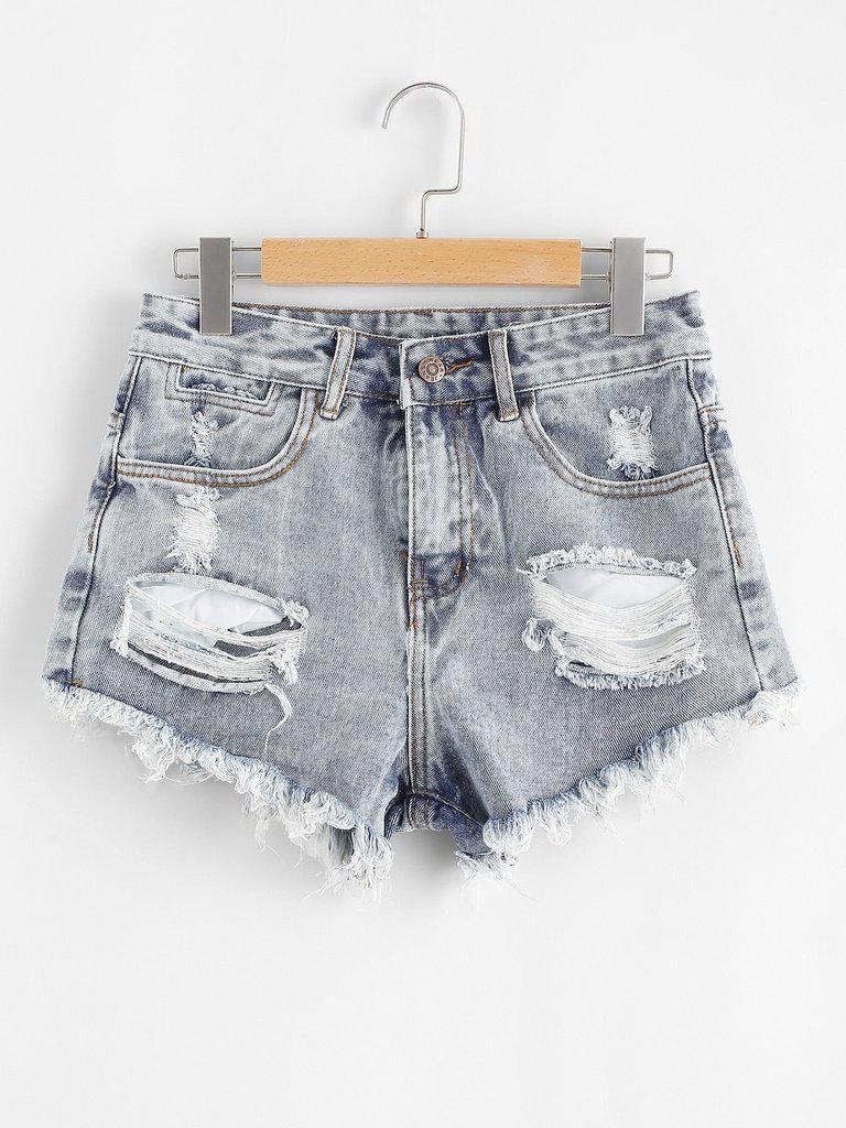 Raw Hem Ripped Denim Shorts-bottom-Des Mess