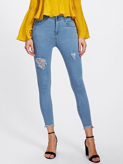 Ripped Frayed Hem Skinny Jeans-bottom-Des Mess