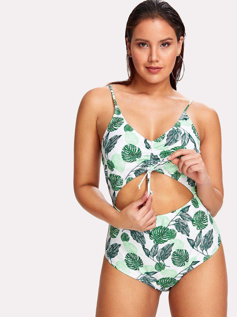 Palm Print Cut Out Swimsuit-swimwear-Des Mess
